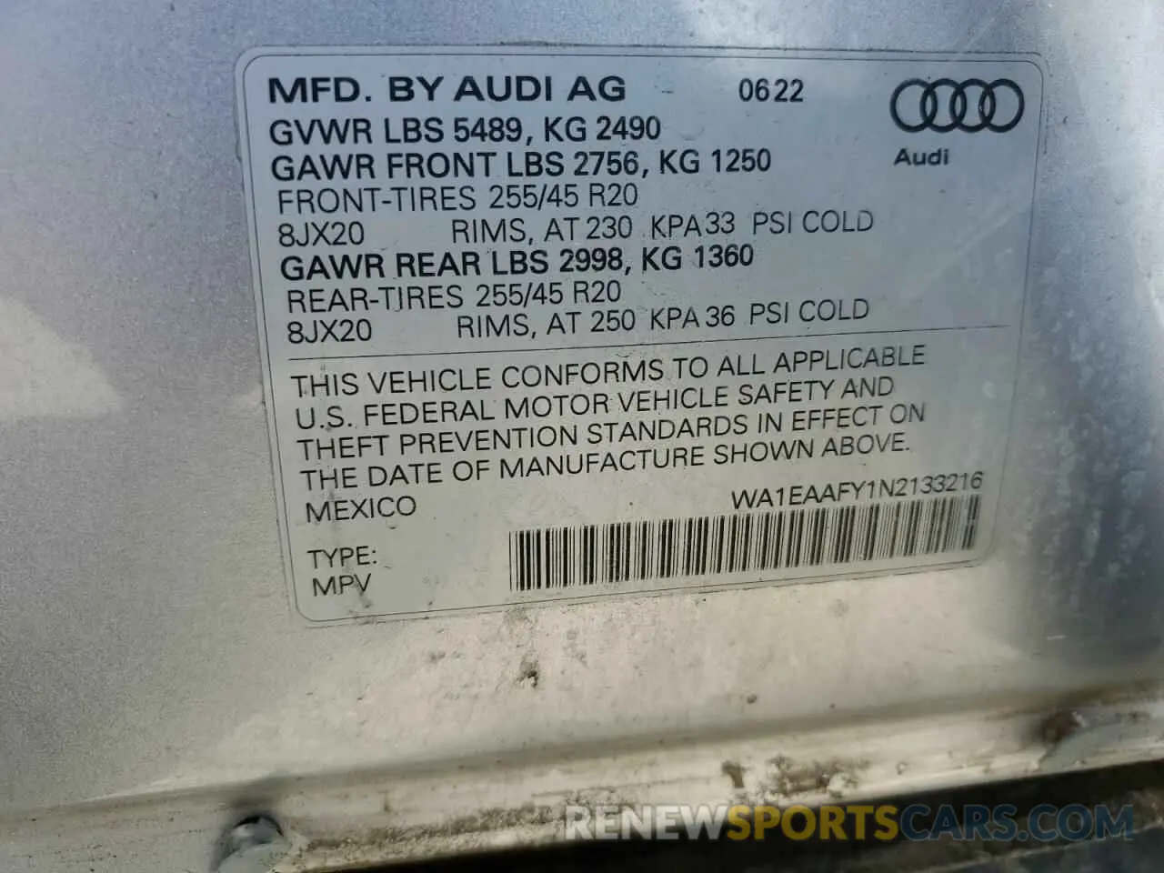 13 Photograph of a damaged car WA1EAAFY1N2133216 AUDI Q5 2022