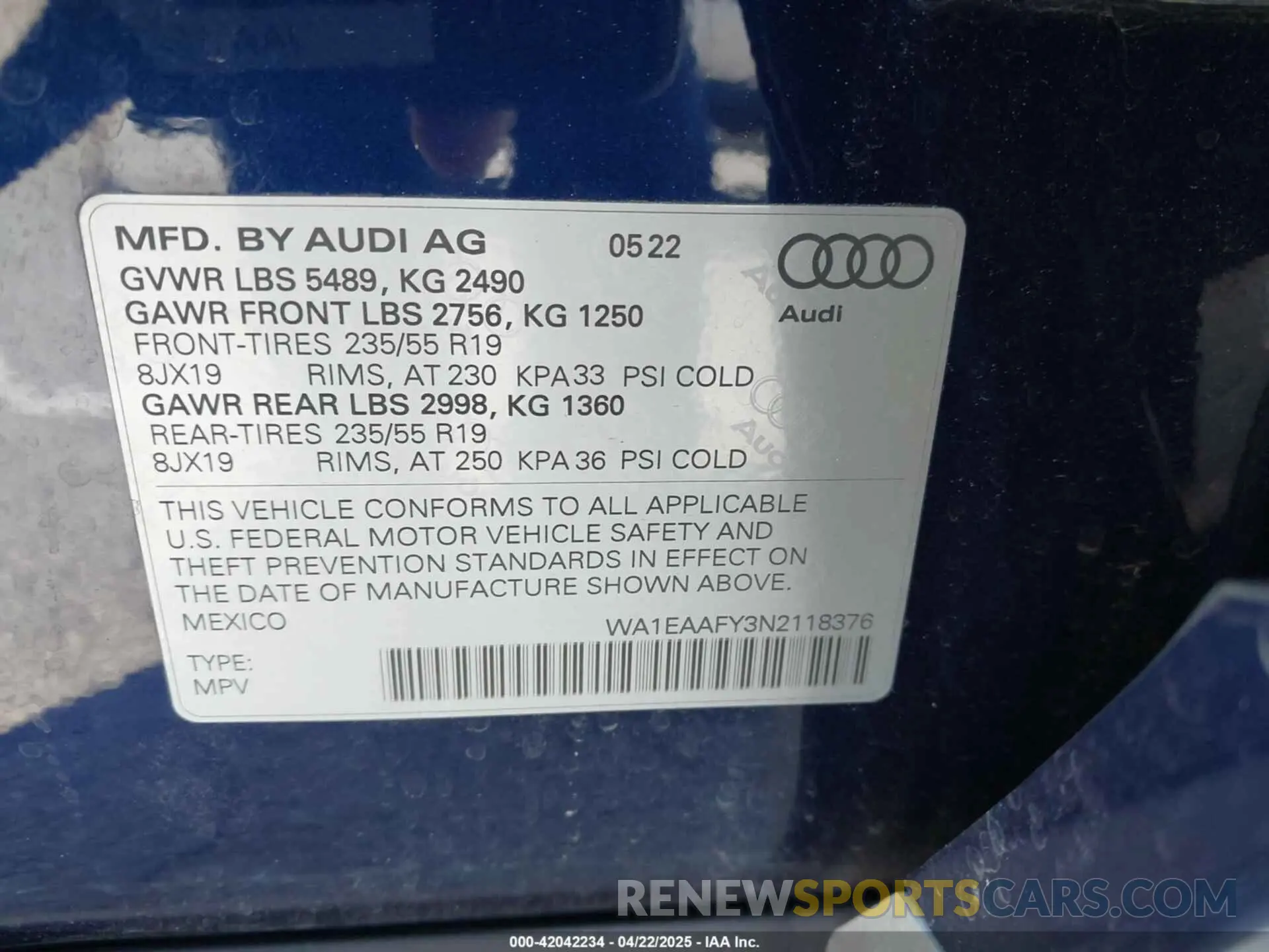 9 Фотография поврежденного автомобиля WA1EAAFY3N2118376 AUDI Q5 2022