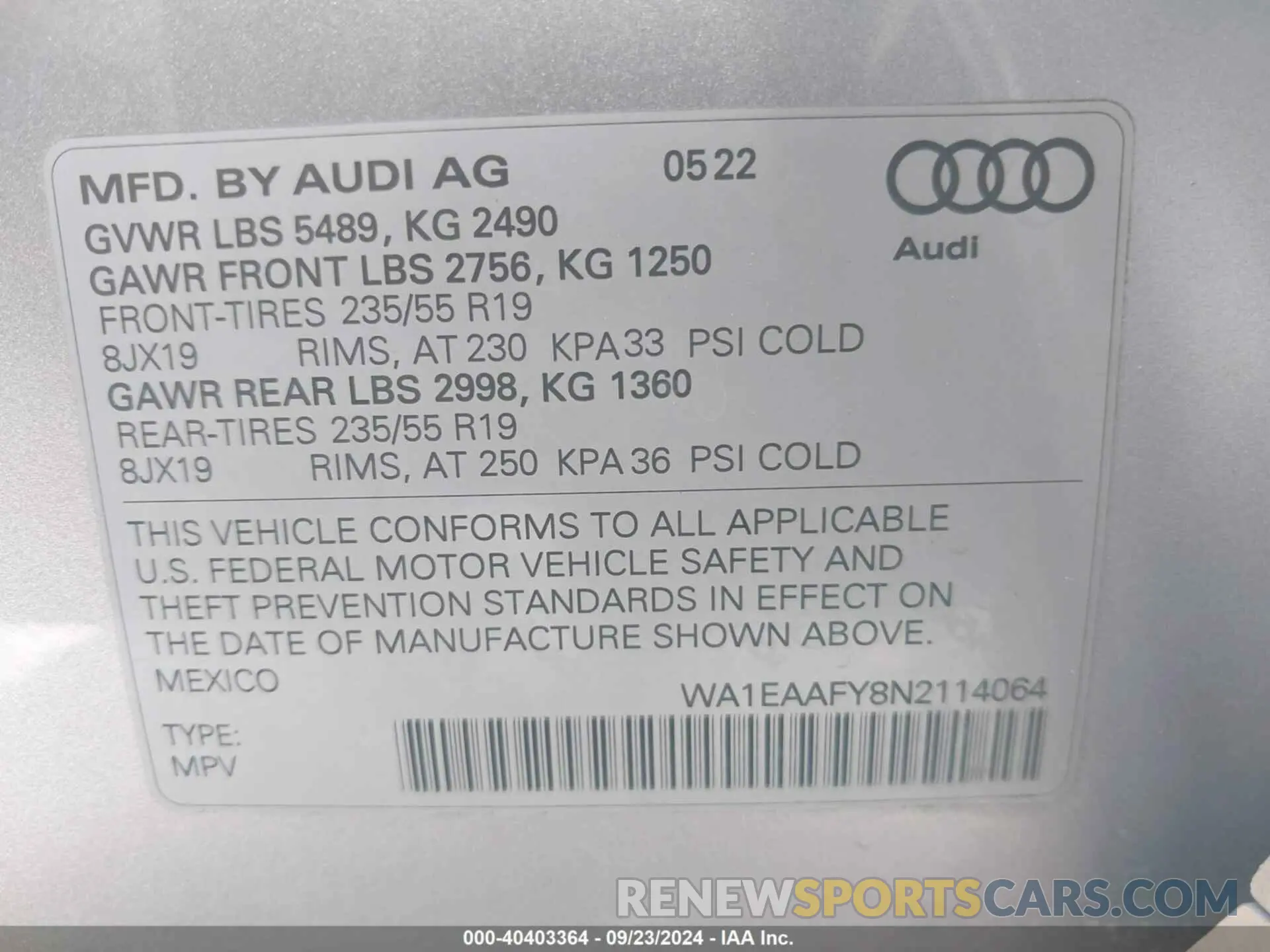 9 Фотография поврежденного автомобиля WA1EAAFY8N2114064 AUDI Q5 2022