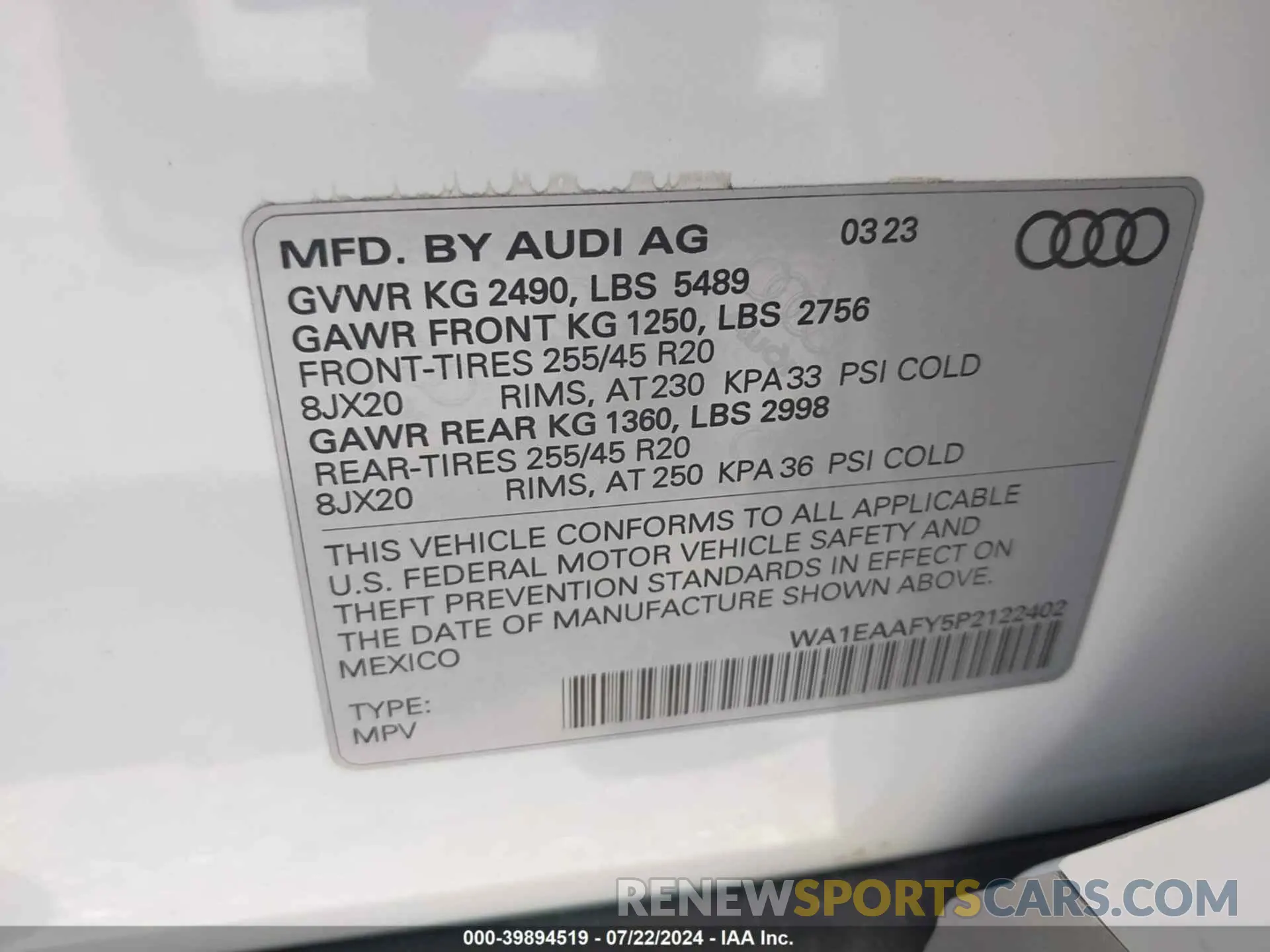 9 Фотография поврежденного автомобиля WA1EAAFY5P2122402 AUDI Q5 2023
