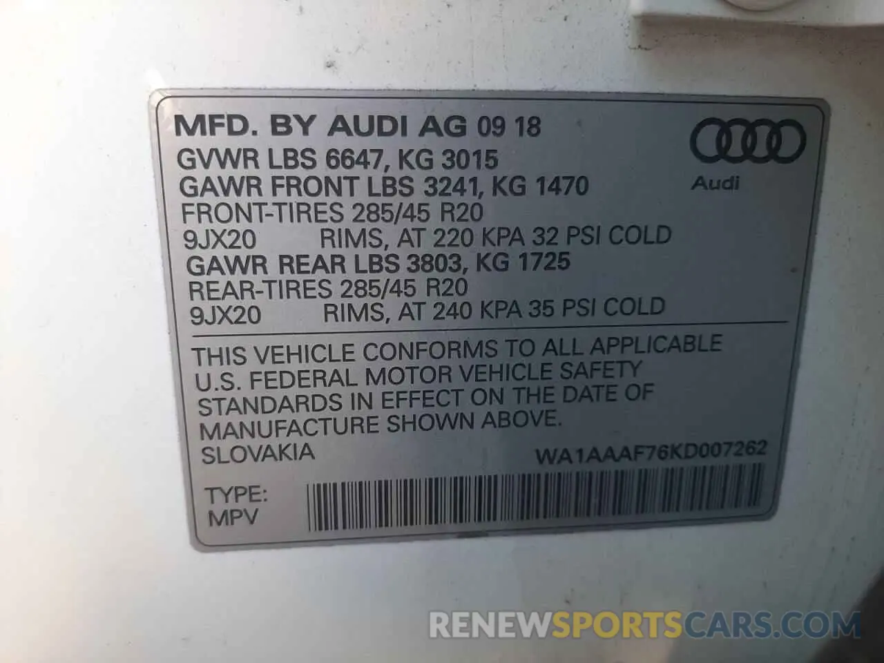 10 Photograph of a damaged car WA1AAAF76KD007262 AUDI Q7 2019