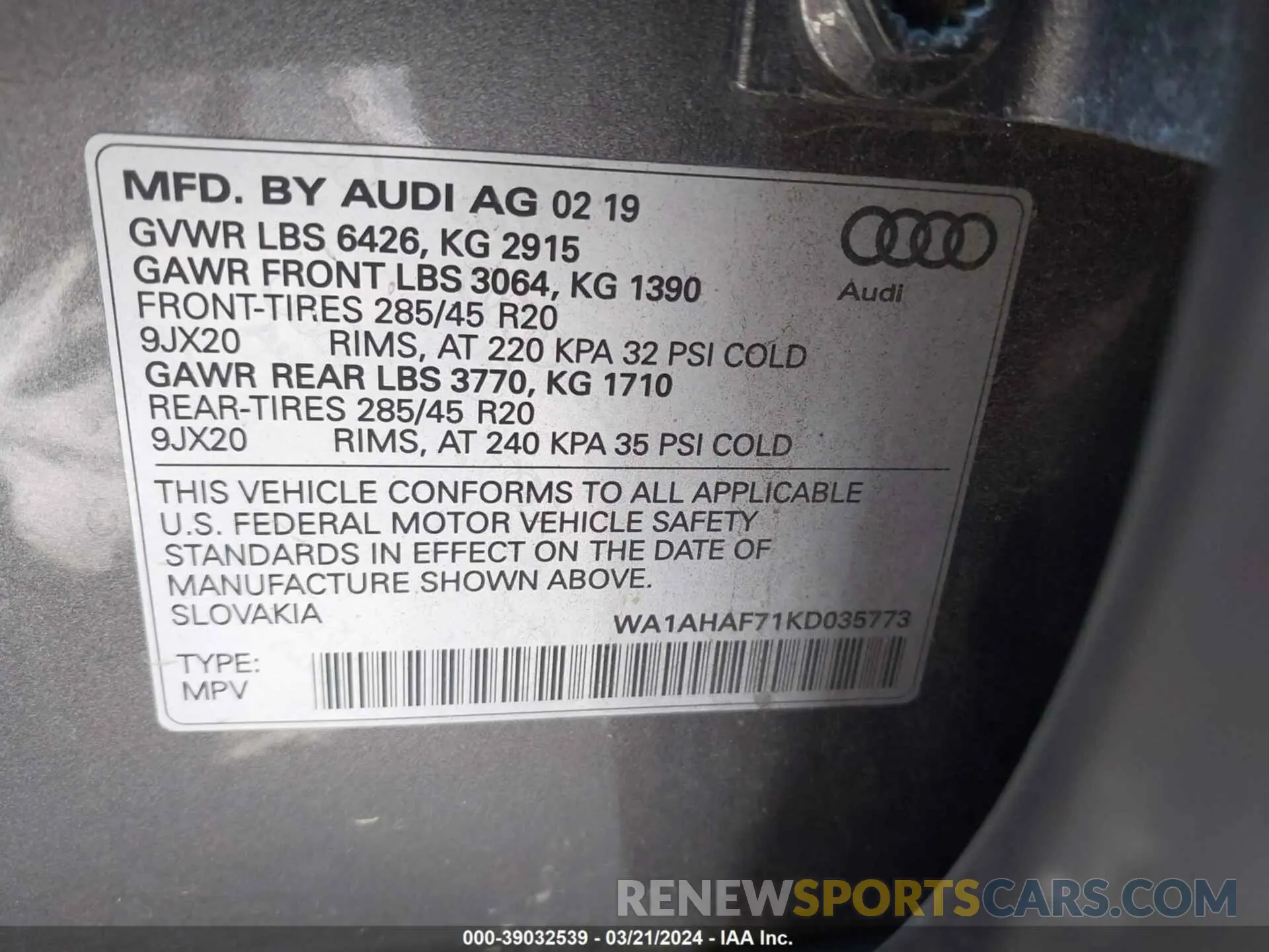 9 Фотография поврежденного автомобиля WA1AHAF71KD035773 AUDI Q7 2019