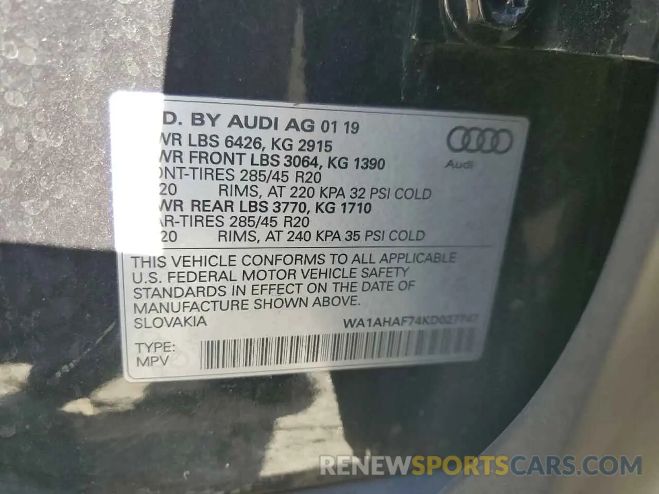 13 Photograph of a damaged car WA1AHAF74KD027747 AUDI Q7 2019