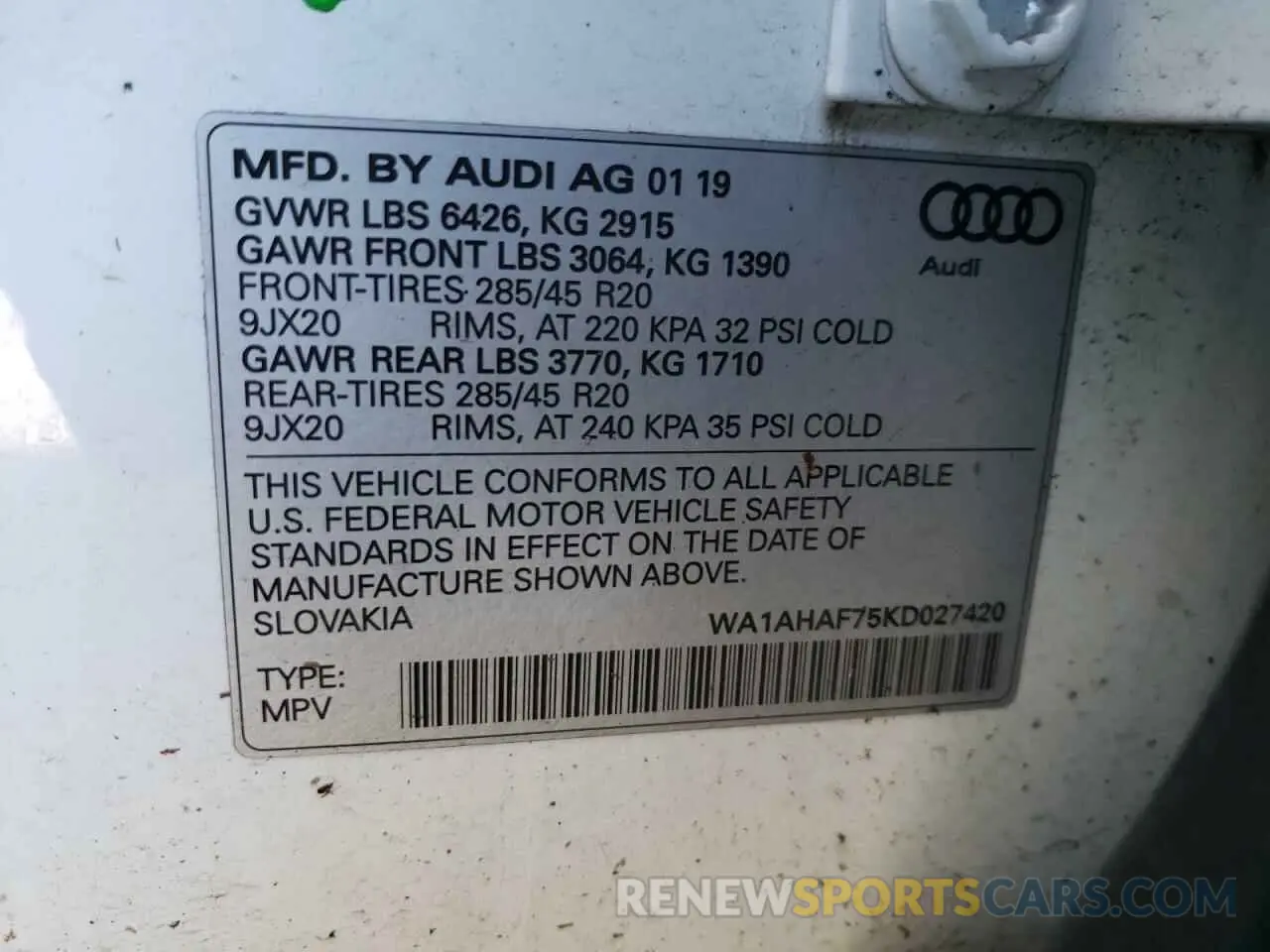 13 Photograph of a damaged car WA1AHAF75KD027420 AUDI Q7 2019