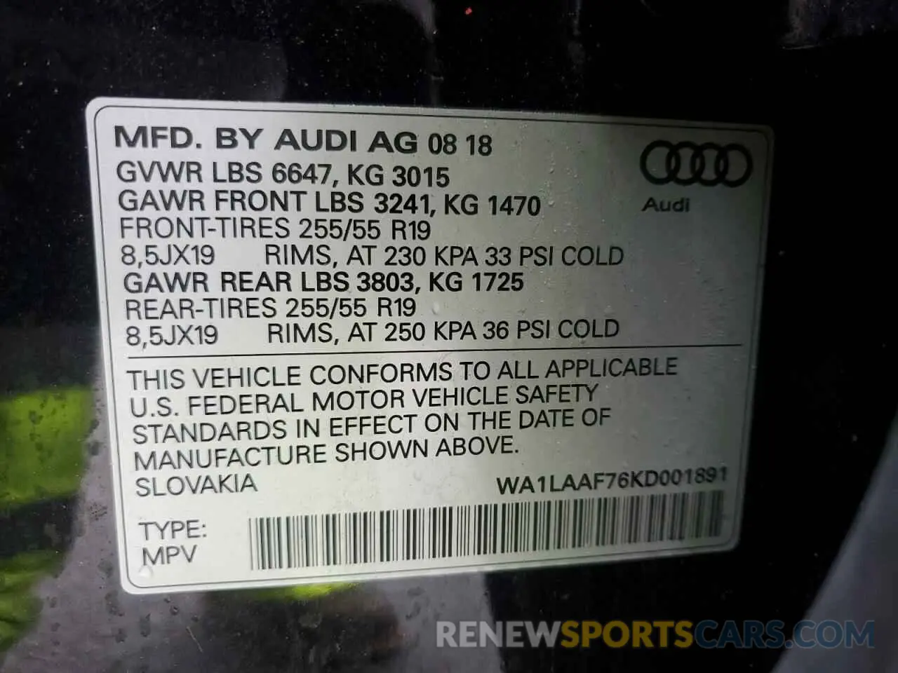 13 Photograph of a damaged car WA1LAAF76KD001891 AUDI Q7 2019