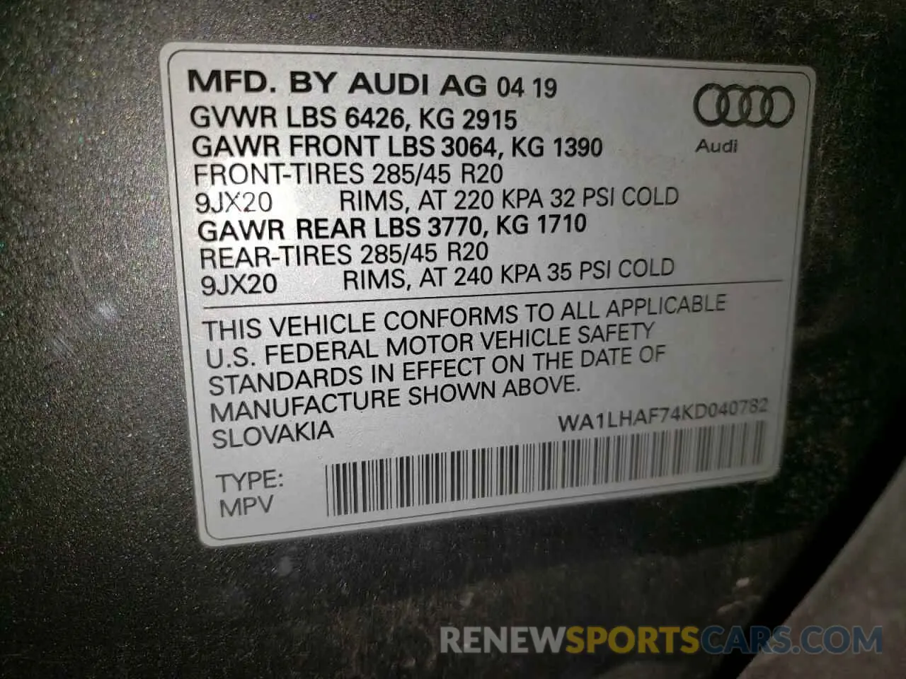 13 Photograph of a damaged car WA1LHAF74KD040782 AUDI Q7 2019