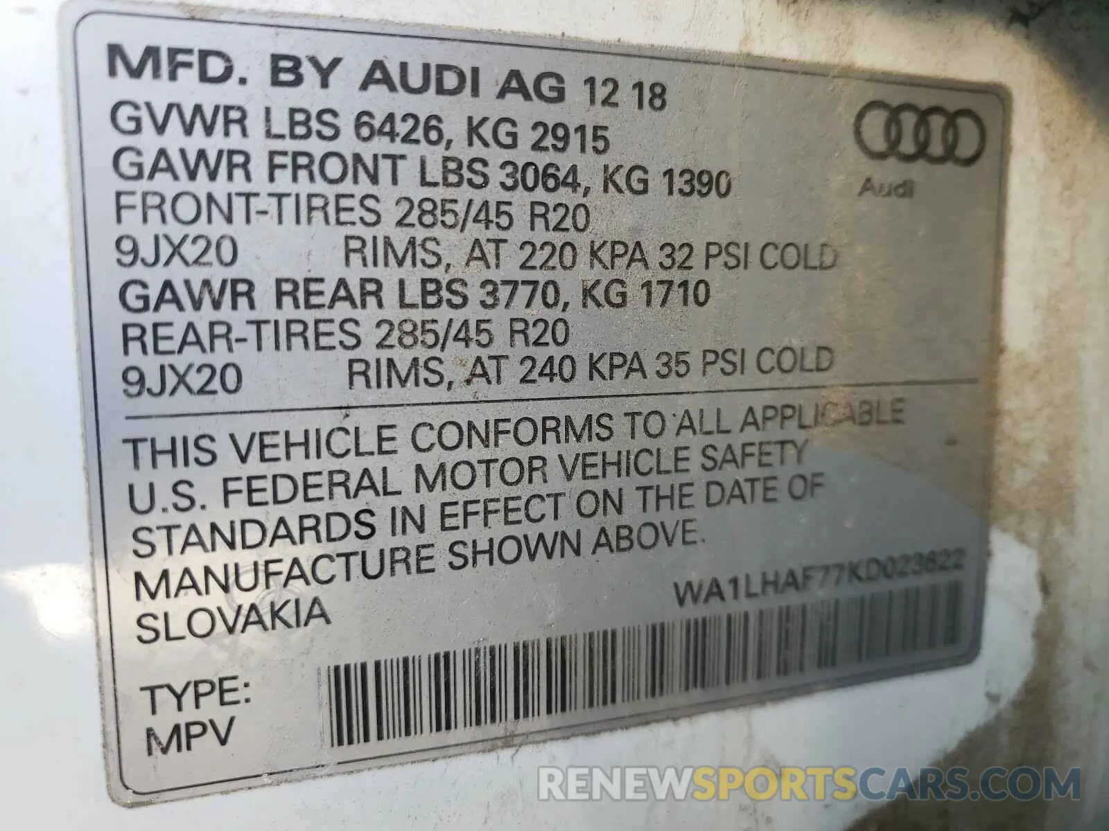 10 Photograph of a damaged car WA1LHAF77KD023622 AUDI Q7 2019