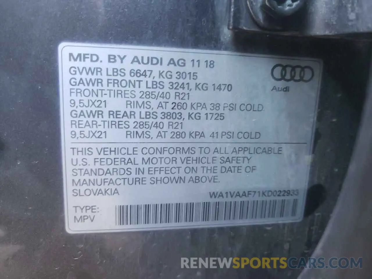 10 Фотография поврежденного автомобиля WA1VAAF71KD022933 AUDI Q7 2019