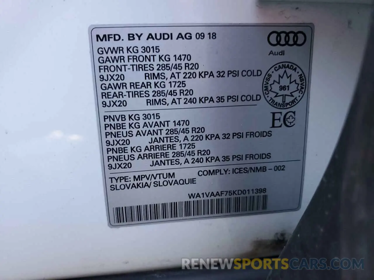 14 Photograph of a damaged car WA1VAAF75KD011398 AUDI Q7 2019