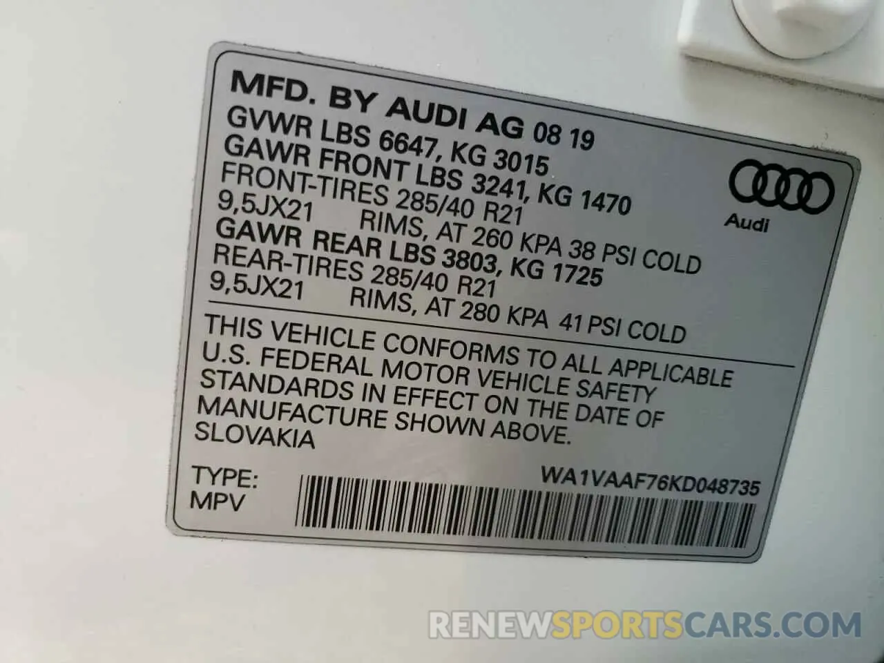 10 Фотография поврежденного автомобиля WA1VAAF76KD048735 AUDI Q7 2019