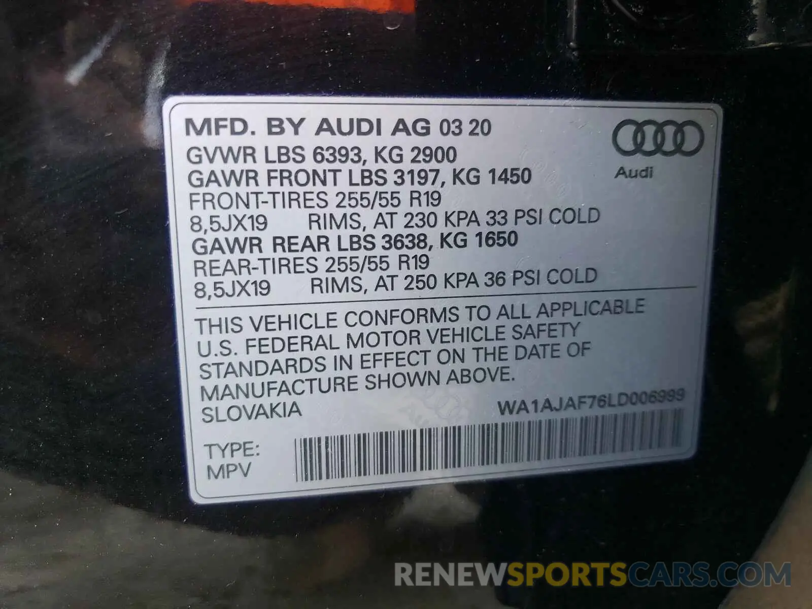 10 Photograph of a damaged car WA1AJAF76LD006999 AUDI Q7 2020
