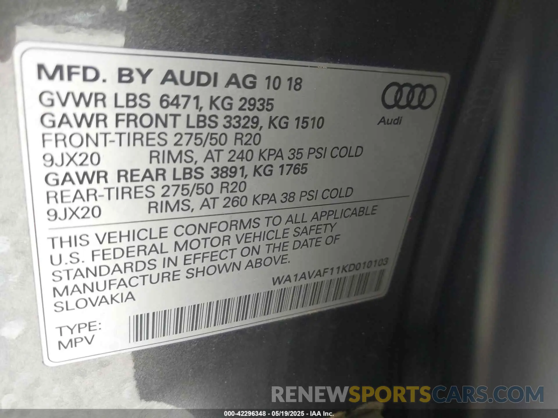 9 Photograph of a damaged car WA1AVAF11KD010103 AUDI Q8 2019