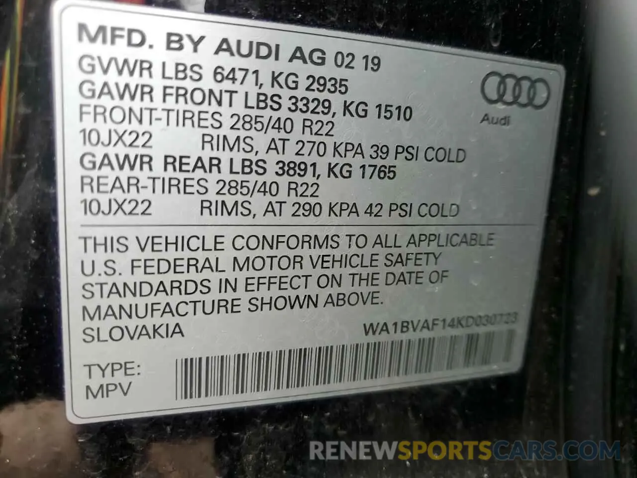 14 Photograph of a damaged car WA1BVAF14KD030723 AUDI Q8 2019