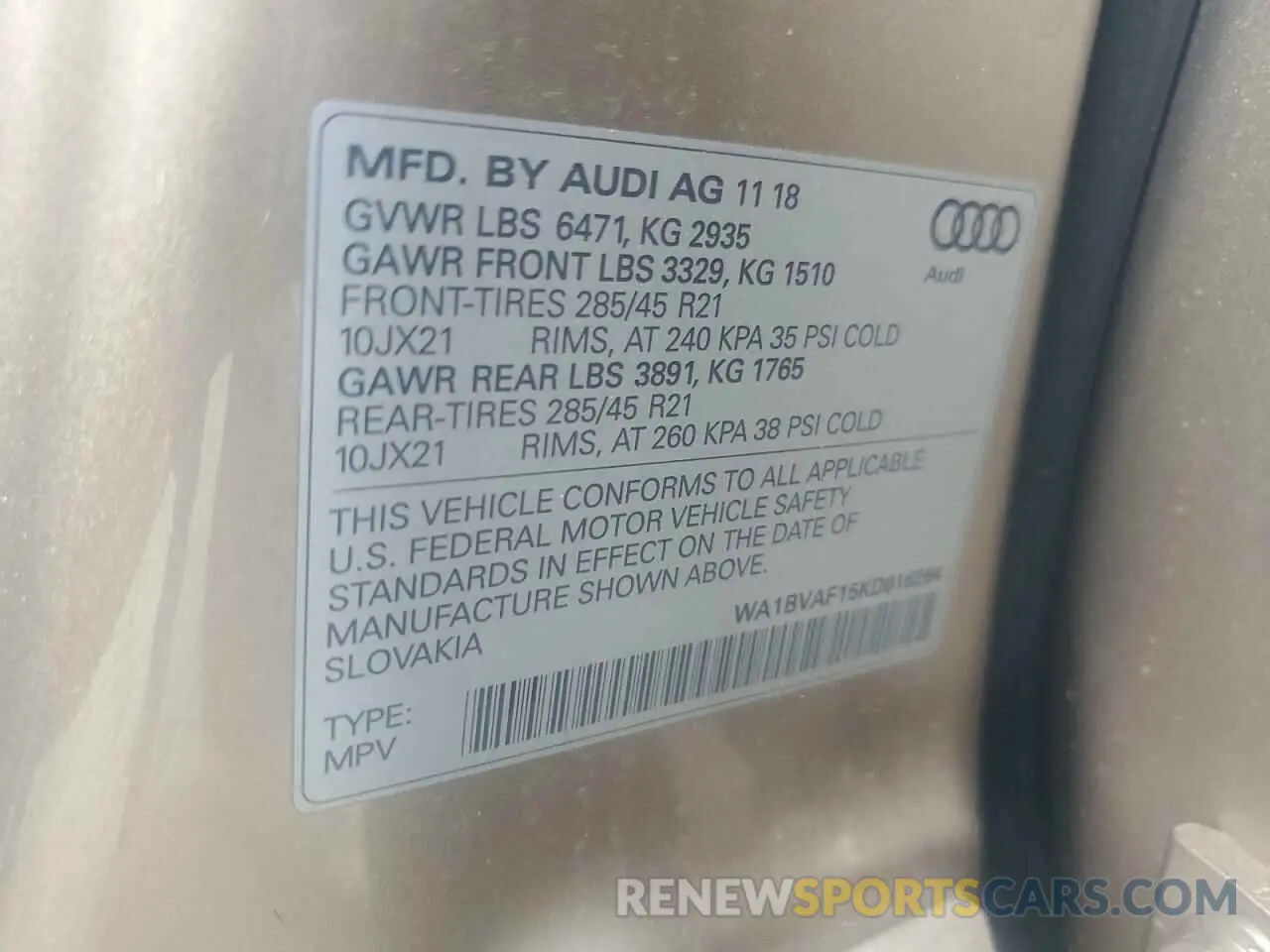 13 Photograph of a damaged car WA1BVAF15KD016264 AUDI Q8 2019