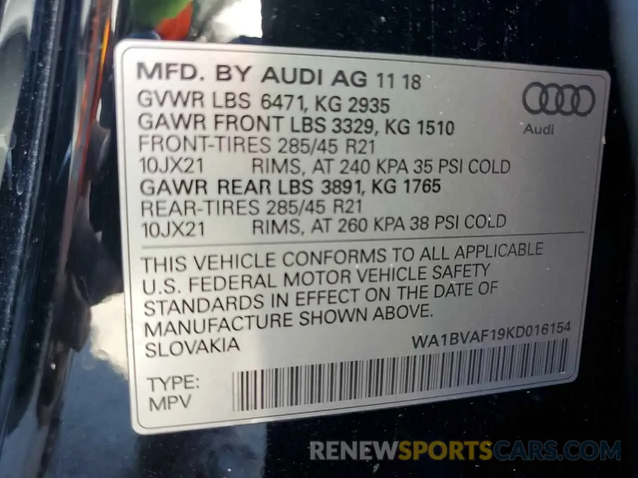 12 Photograph of a damaged car WA1BVAF19KD016154 AUDI Q8 2019
