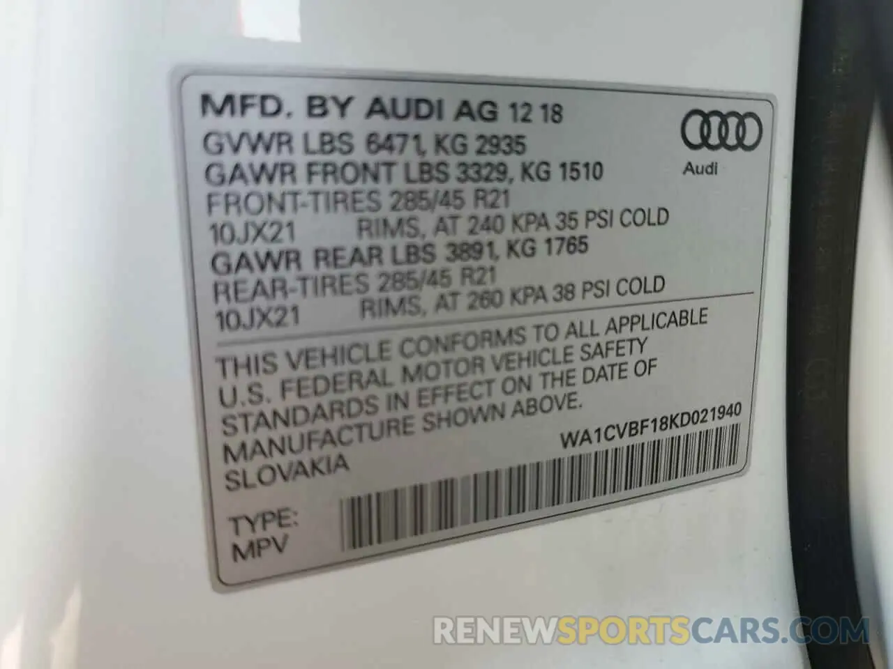 12 Photograph of a damaged car WA1CVBF18KD021940 AUDI Q8 2019
