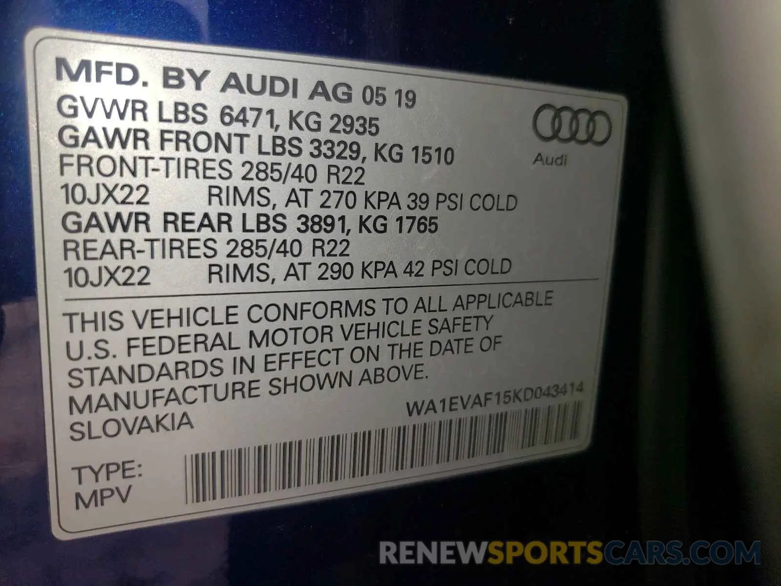 10 Photograph of a damaged car WA1EVAF15KD043414 AUDI Q8 2019