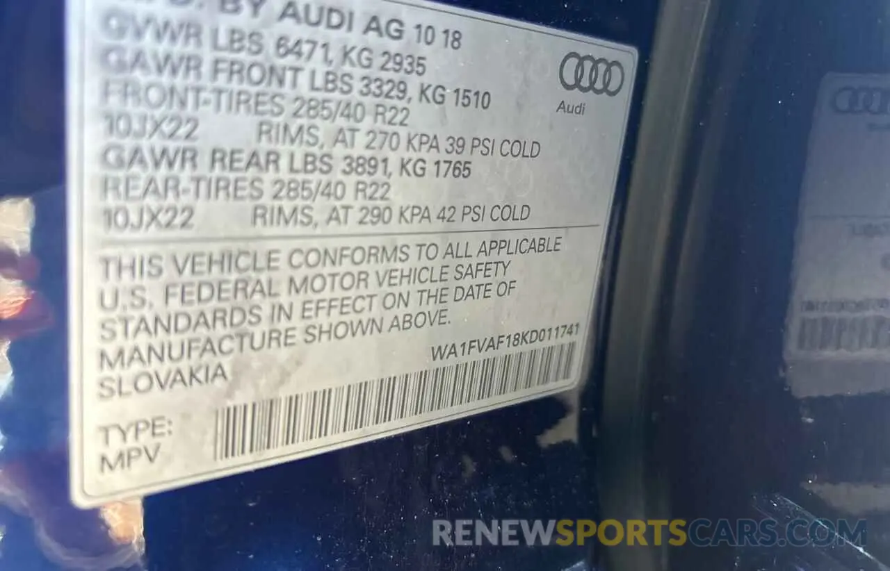 10 Photograph of a damaged car WA1FVAF18KD011741 AUDI Q8 2019
