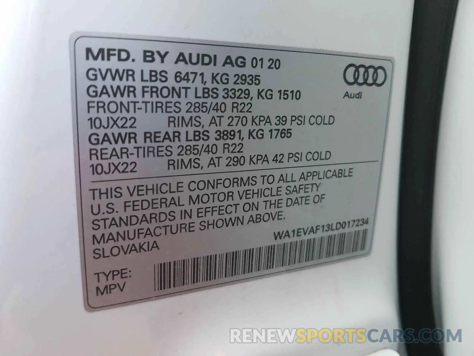 10 Photograph of a damaged car WA1EVAF13LD017234 AUDI Q8 2020