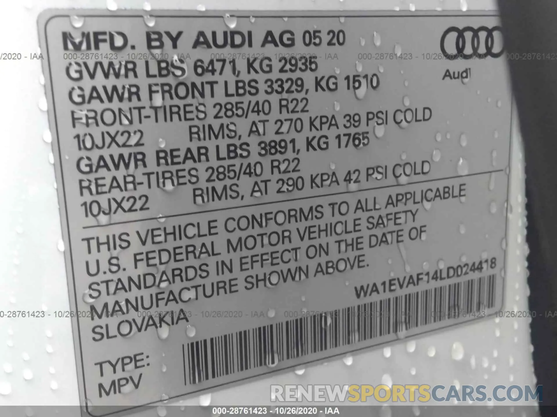 9 Photograph of a damaged car WA1EVAF14LD024418 AUDI Q8 2020