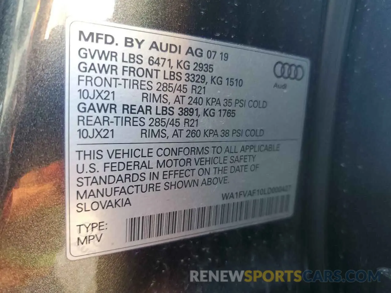 15 Photograph of a damaged car WA1FVAF10LD000427 AUDI Q8 2020