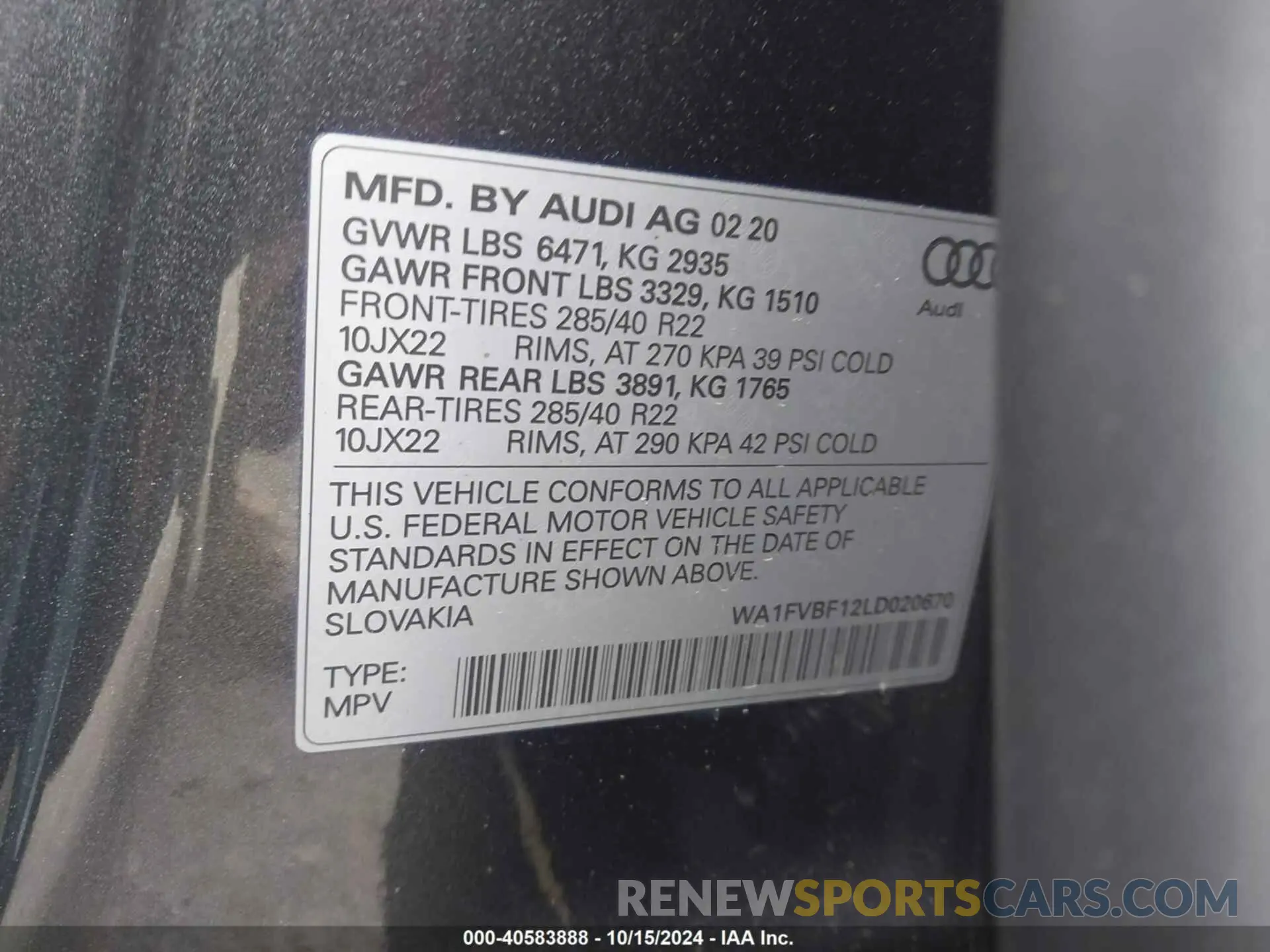 9 Photograph of a damaged car WA1FVBF12LD020670 AUDI Q8 2020