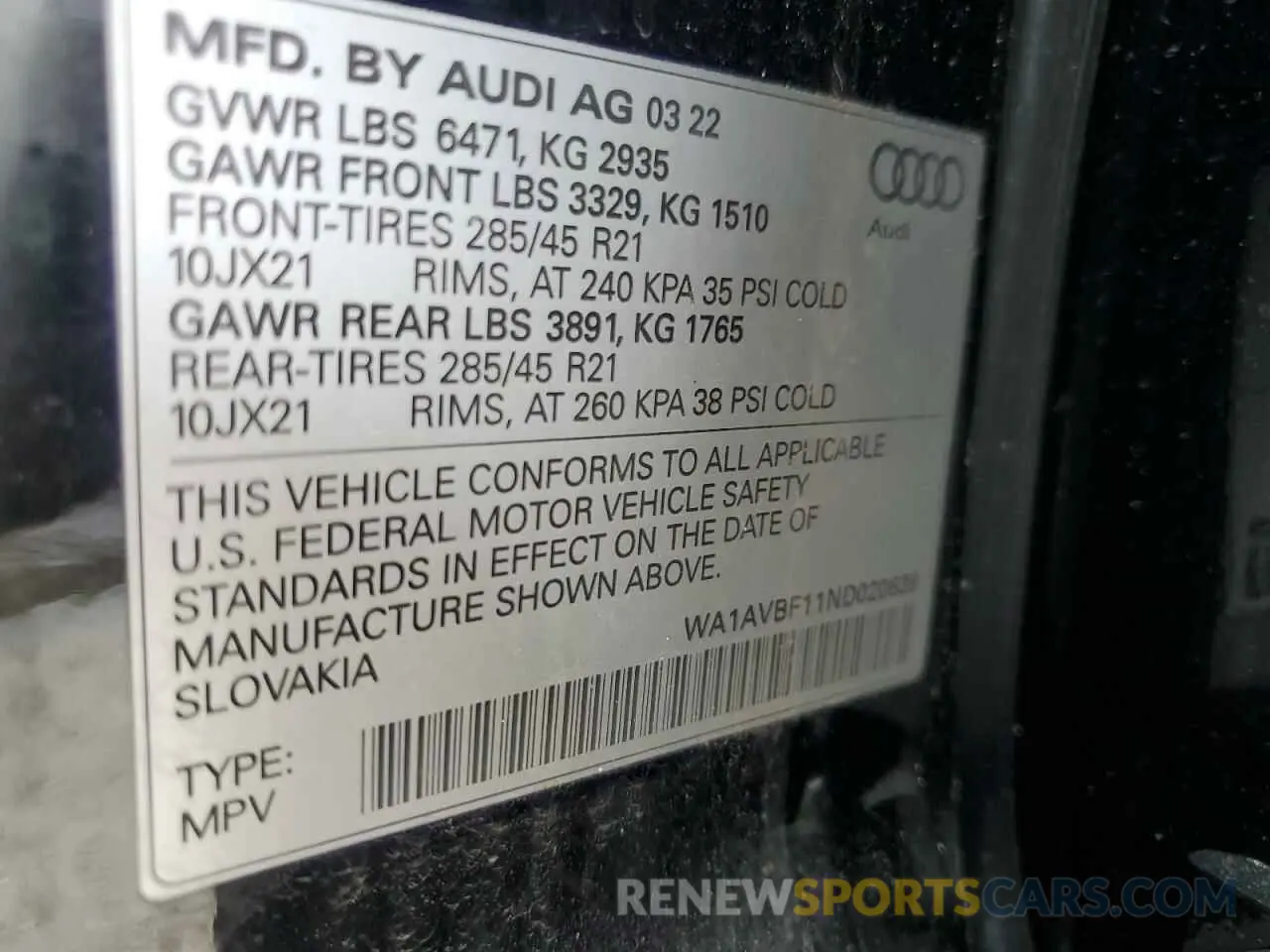 13 Photograph of a damaged car WA1AVBF11ND020639 AUDI Q8 2022