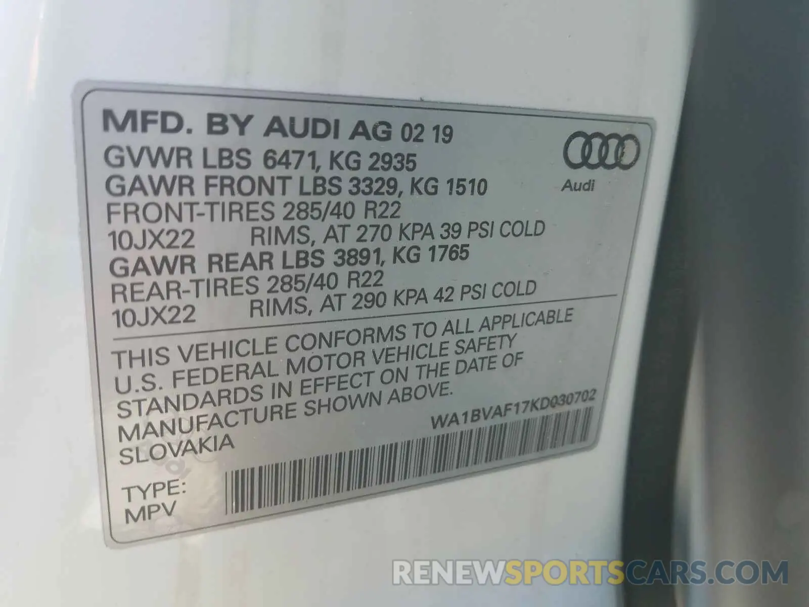 10 Photograph of a damaged car WA1BVAF17KD030702 AUDI Q8 PREMIUM 2019