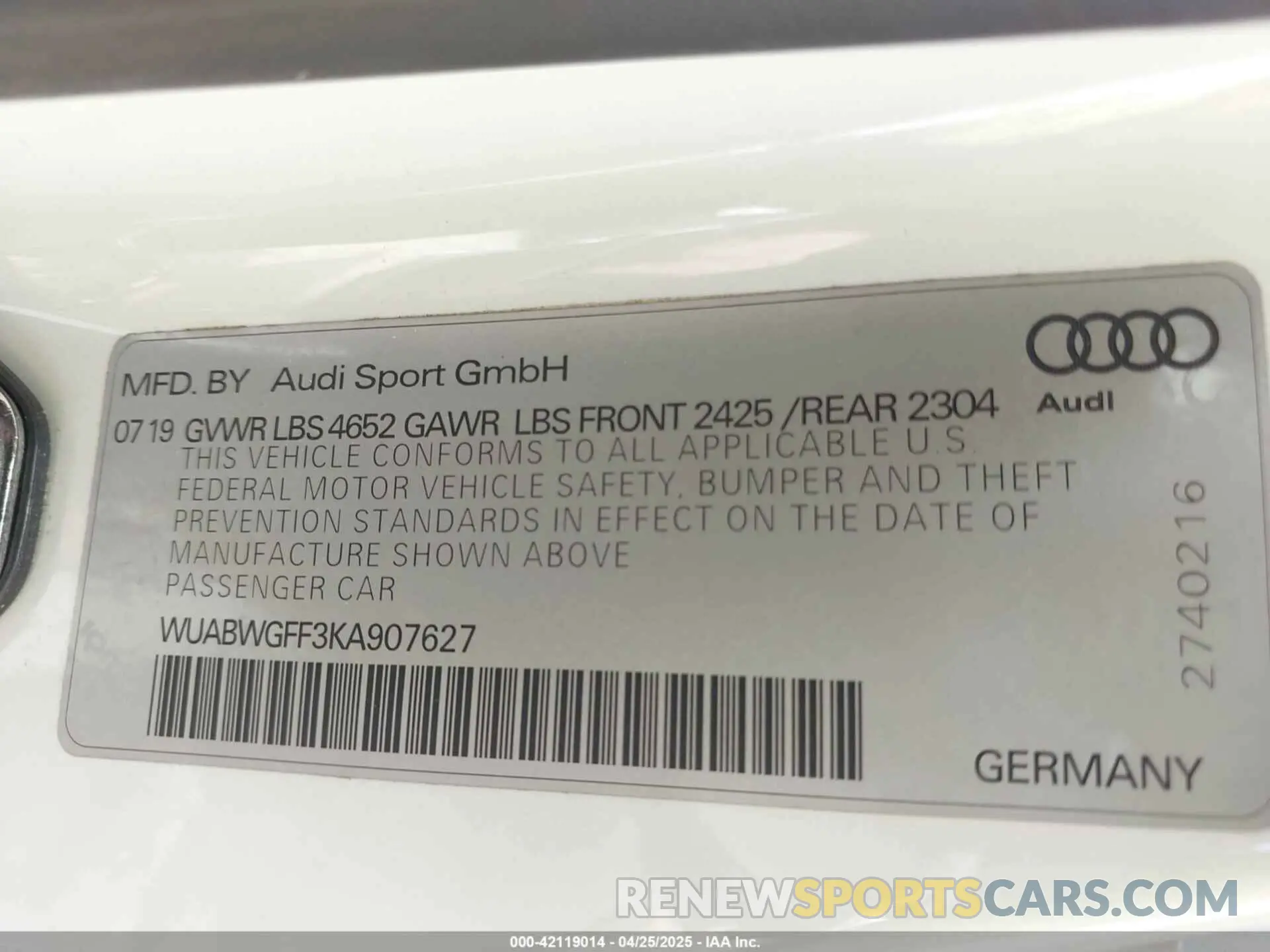 9 Photograph of a damaged car WUABWGFF3KA907627 AUDI RS 3 2019