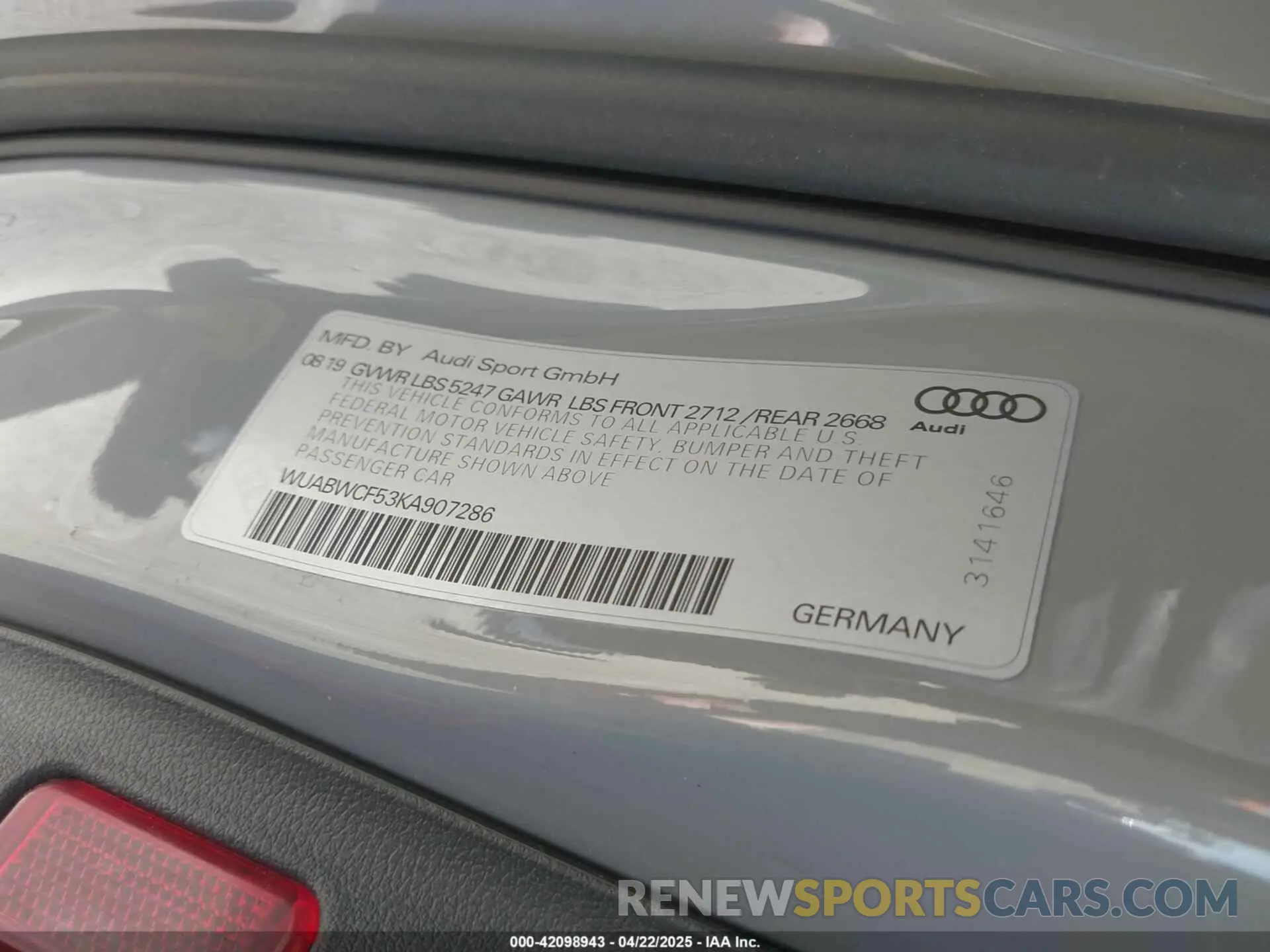 9 Photograph of a damaged car WUABWCF53KA907286 AUDI RS 5 2019