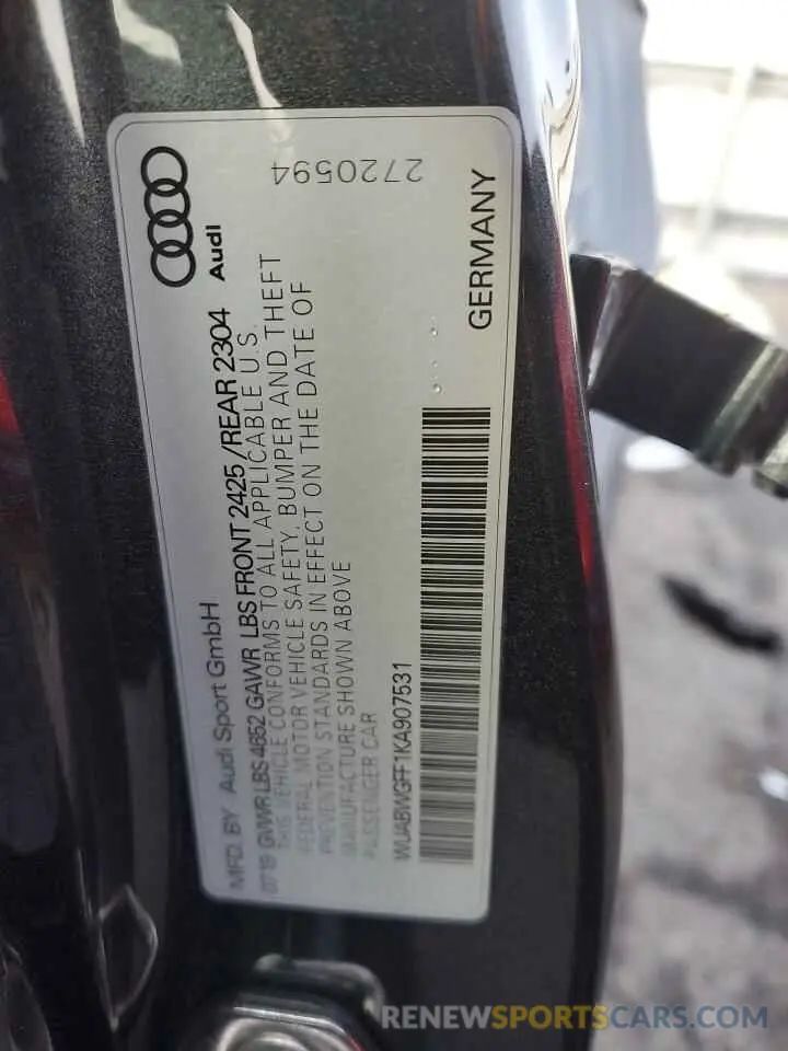13 Фотография поврежденного автомобиля WUABWGFF1KA907531 AUDI RS3 2019