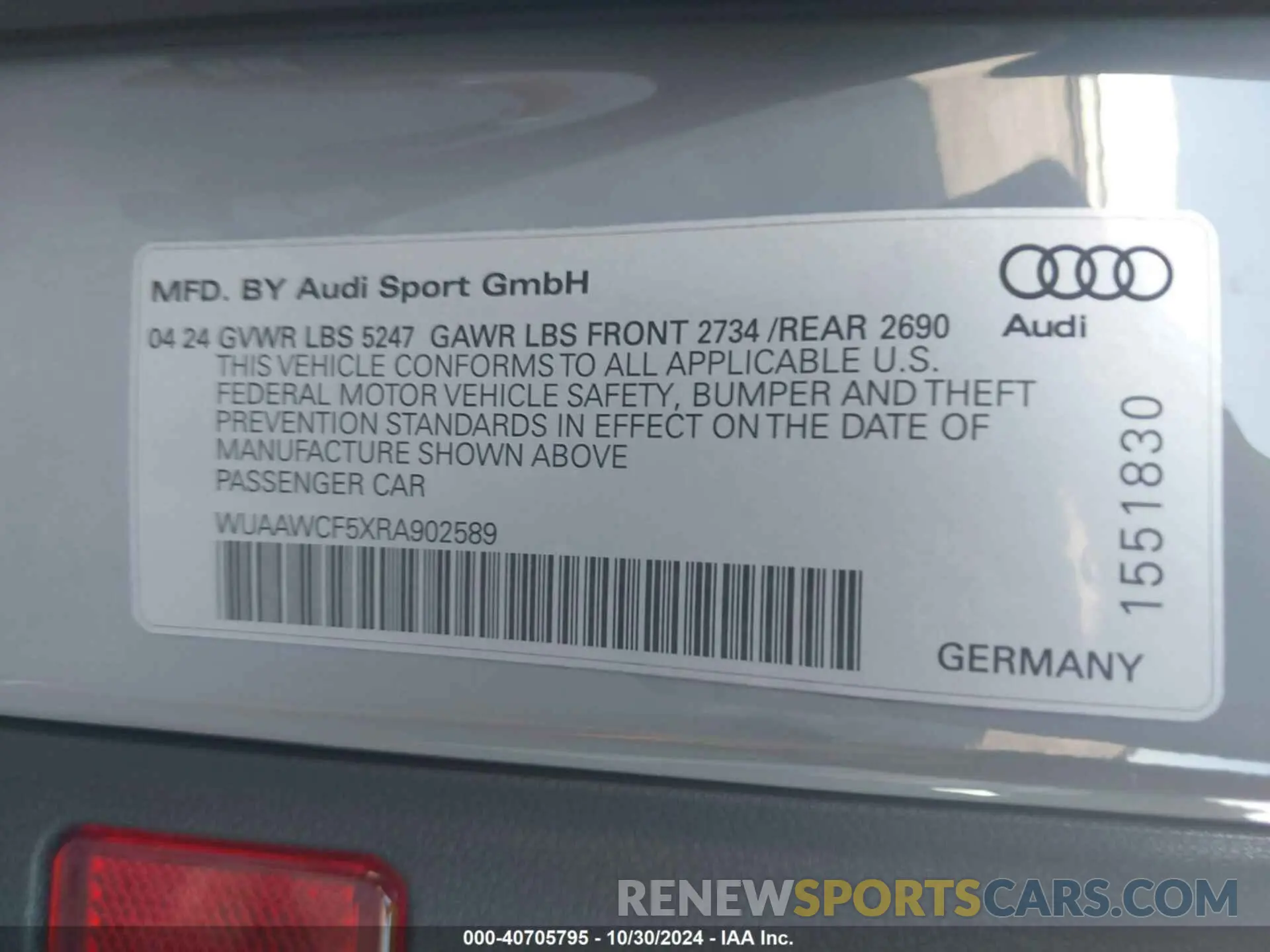 9 Фотография поврежденного автомобиля WUAAWCF5XRA902589 AUDI RS5 2024