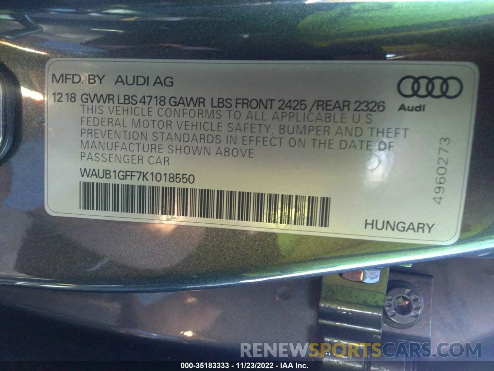 9 Photograph of a damaged car WAUB1GFF7K1018550 AUDI S3 2019
