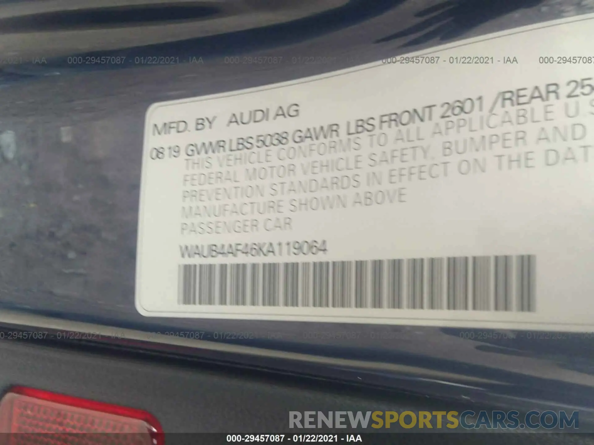9 Photograph of a damaged car WAUB4AF46KA119064 AUDI S4 2019