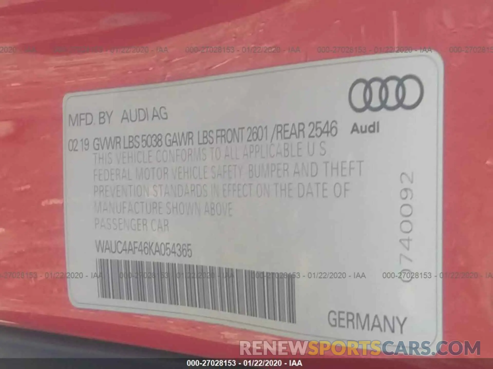 9 Photograph of a damaged car WAUC4AF46KA054365 AUDI S4 2019
