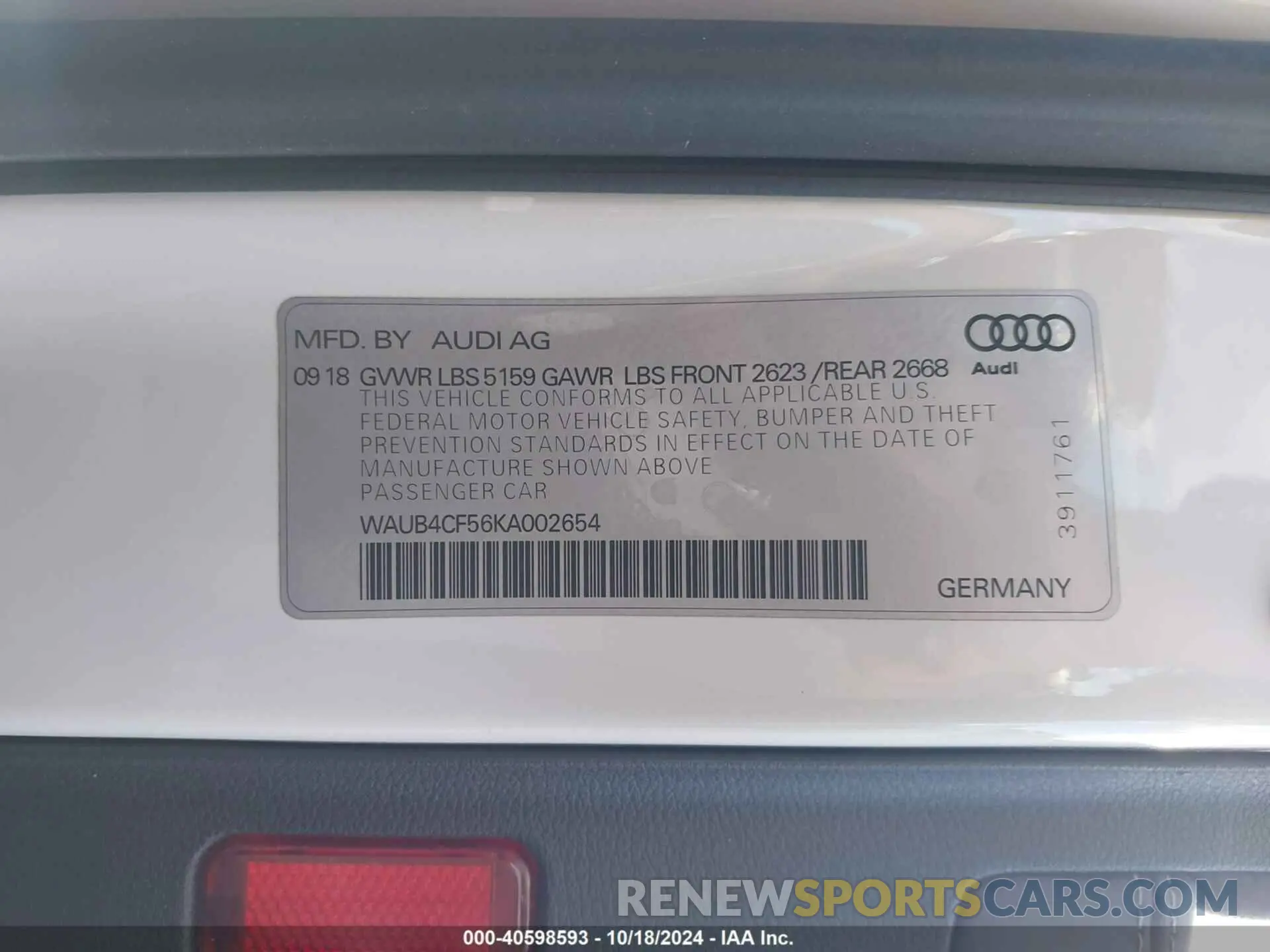 9 Photograph of a damaged car WAUB4CF56KA002654 AUDI S5 2019