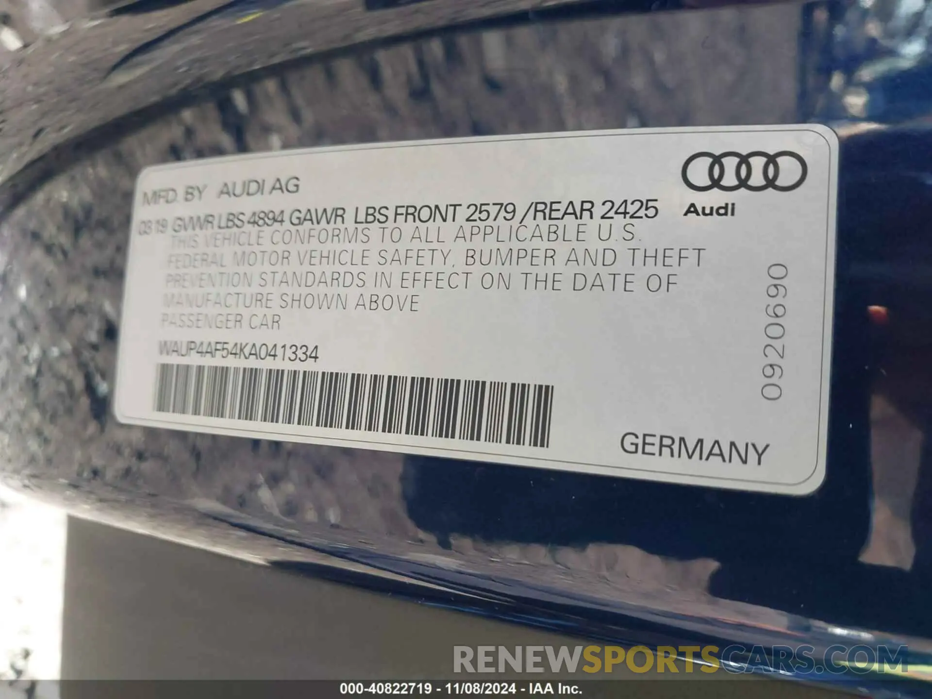 9 Photograph of a damaged car WAUP4AF54KA041334 AUDI S5 2019