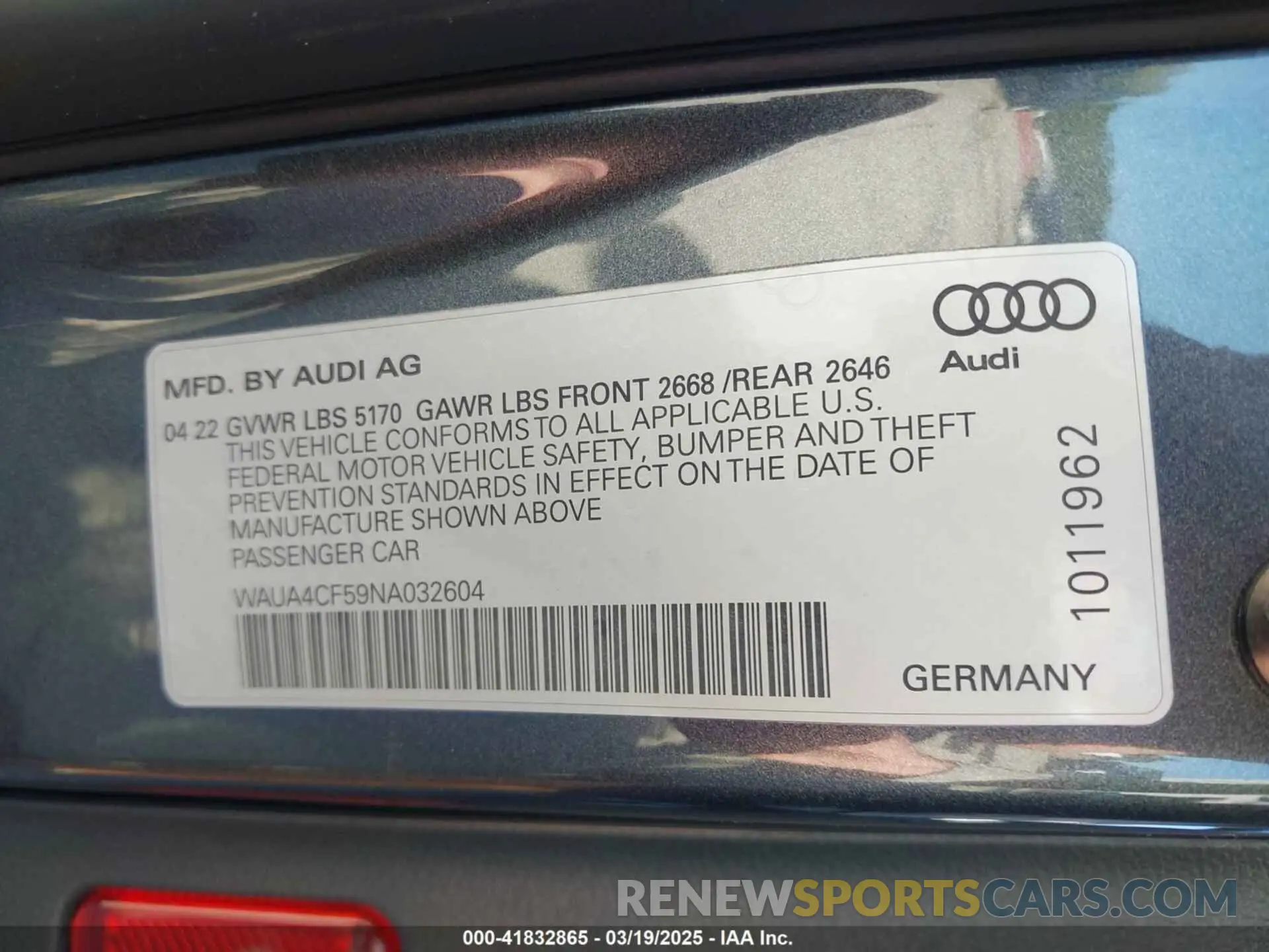 9 Фотография поврежденного автомобиля WAUA4CF59NA032604 AUDI S5 SPORTBACK 2022