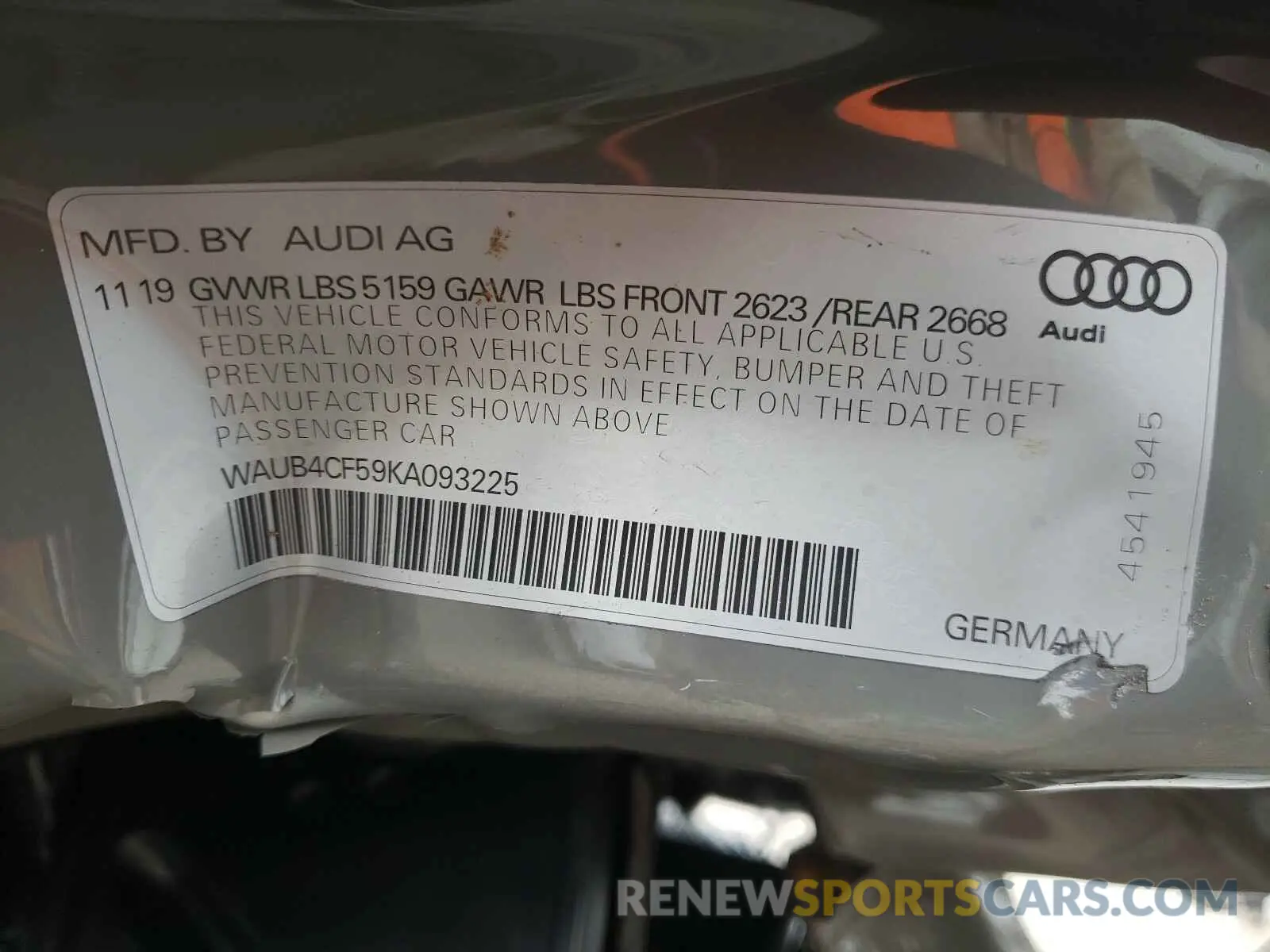 10 Photograph of a damaged car WAUB4CF59KA093225 AUDI S5/RS5 2019