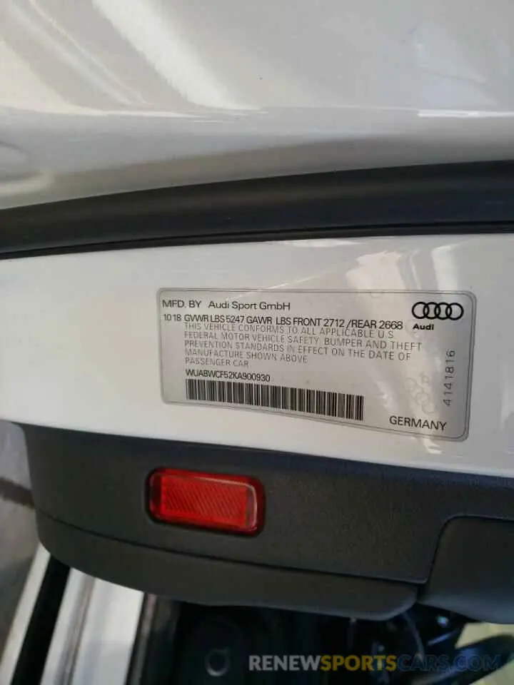 10 Photograph of a damaged car WUABWCF52KA900930 AUDI S5/RS5 2019