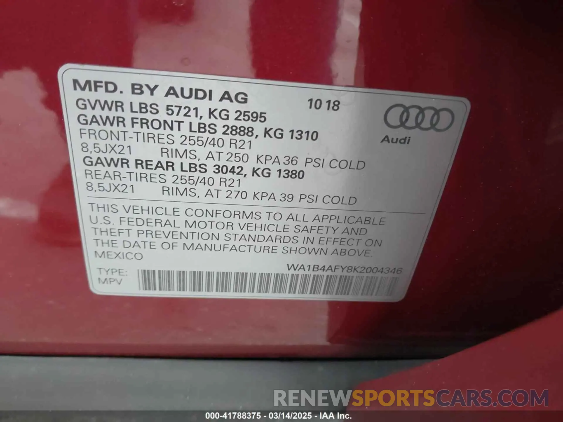 9 Photograph of a damaged car WA1B4AFY8K2004346 AUDI SQ5 2019