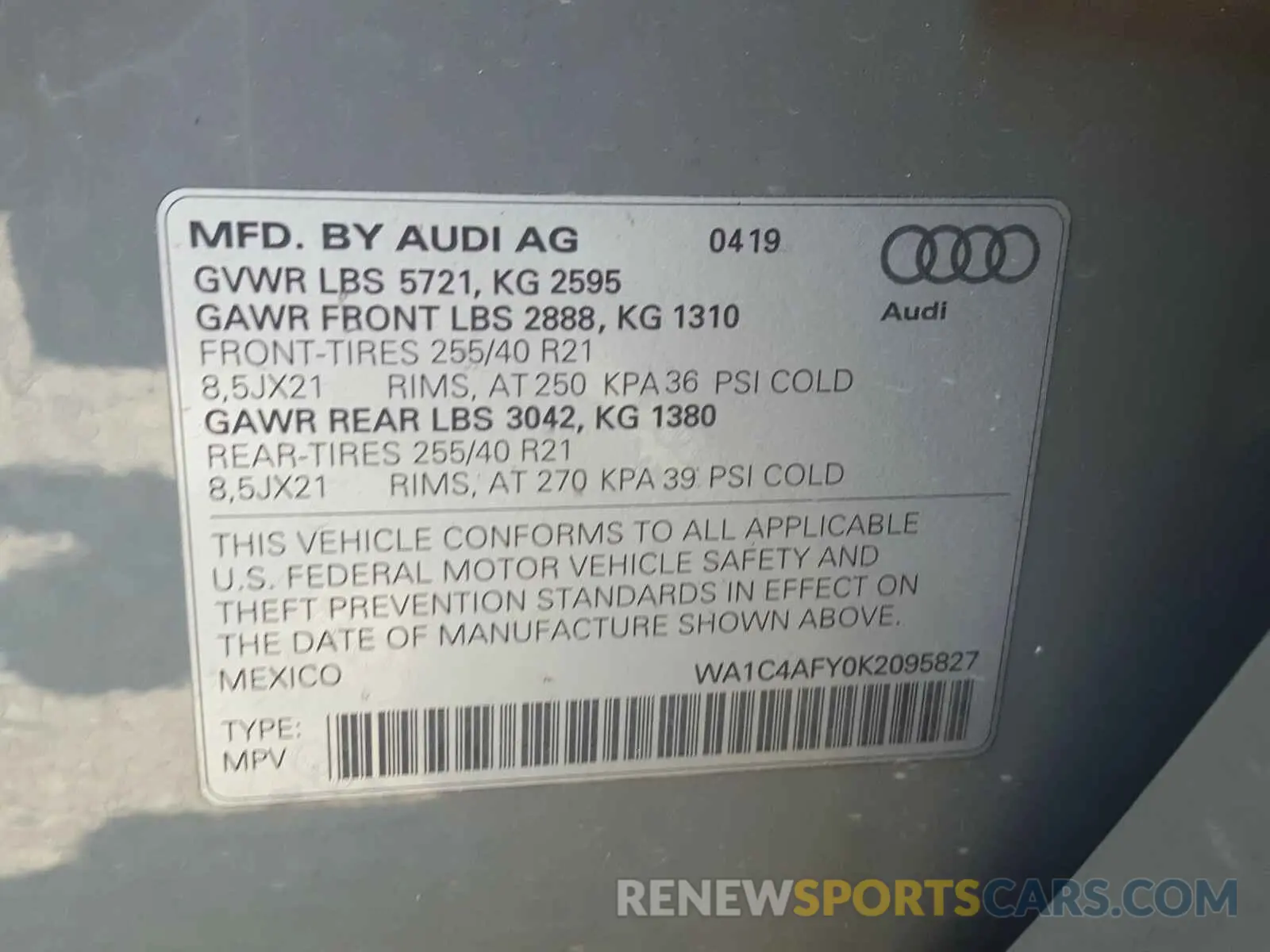 10 Photograph of a damaged car WA1C4AFY0K2095827 AUDI SQ5 2019