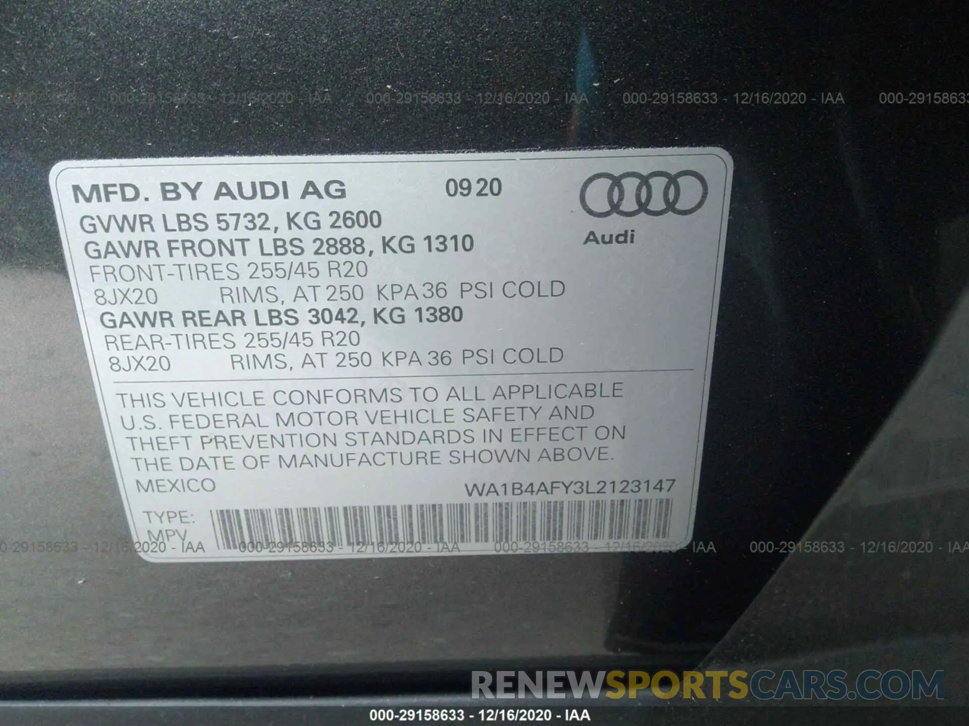 9 Photograph of a damaged car WA1B4AFY3L2123147 AUDI SQ5 2020