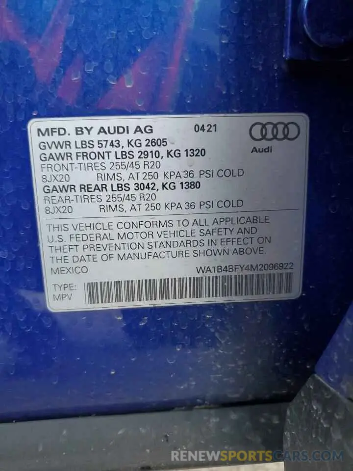 13 Фотография поврежденного автомобиля WA1B4BFY4M2096922 AUDI SQ5 2021