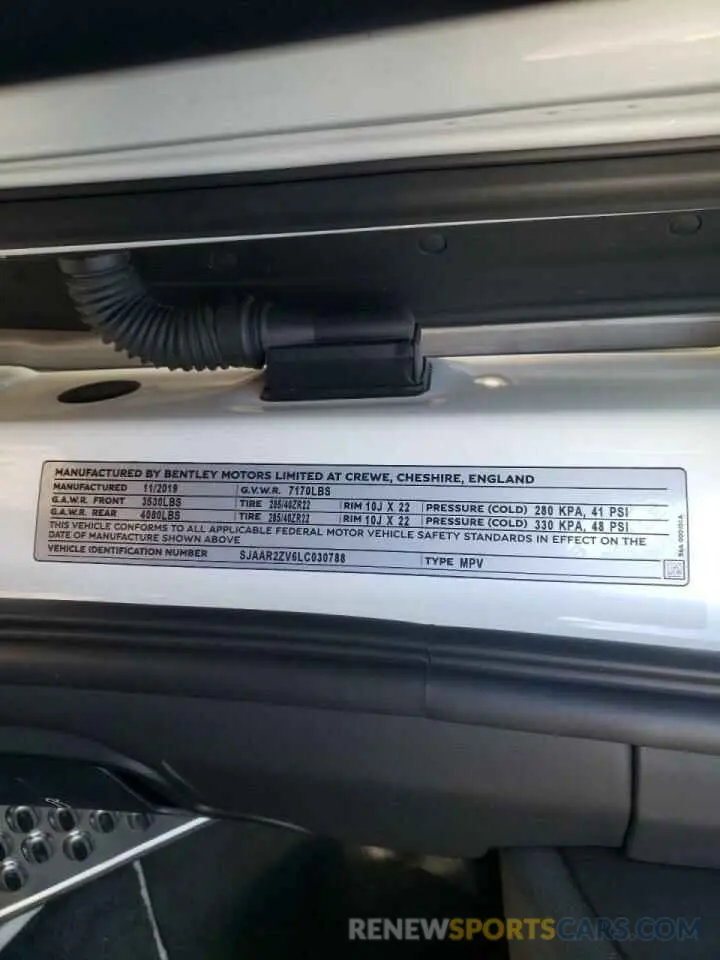10 Фотография поврежденного автомобиля SJAAR2ZV6LC030788 BENTLEY ALL MODELS 2020