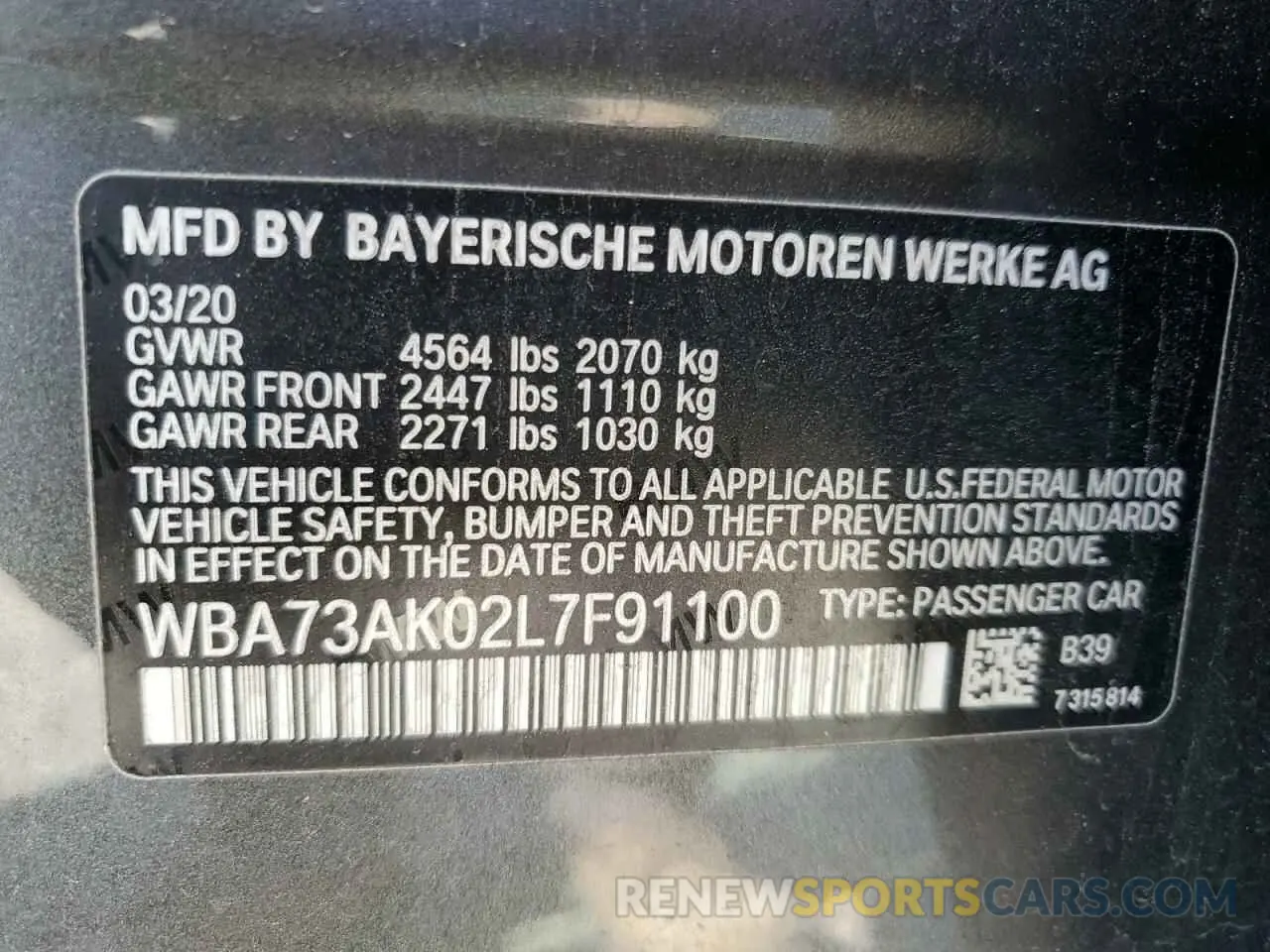 14 Photograph of a damaged car WBA73AK02L7F91100 BMW 2 SERIES 2020