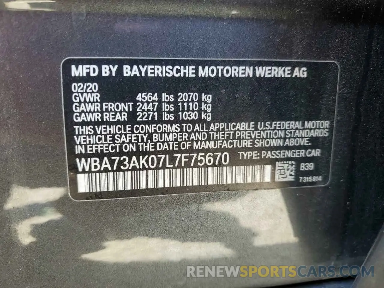 13 Photograph of a damaged car WBA73AK07L7F75670 BMW 2 SERIES 2020