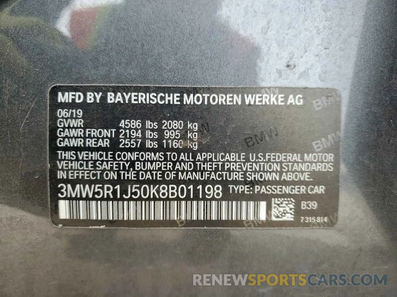 13 Фотография поврежденного автомобиля 3MW5R1J50K8B01198 BMW 3 SERIES 2019