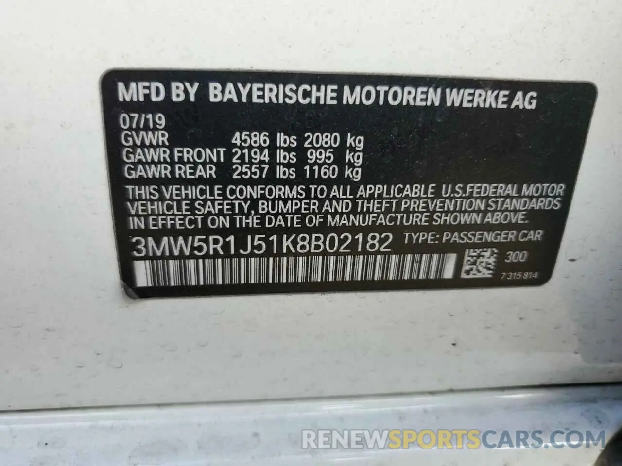 12 Photograph of a damaged car 3MW5R1J51K8B02182 BMW 3 SERIES 2019