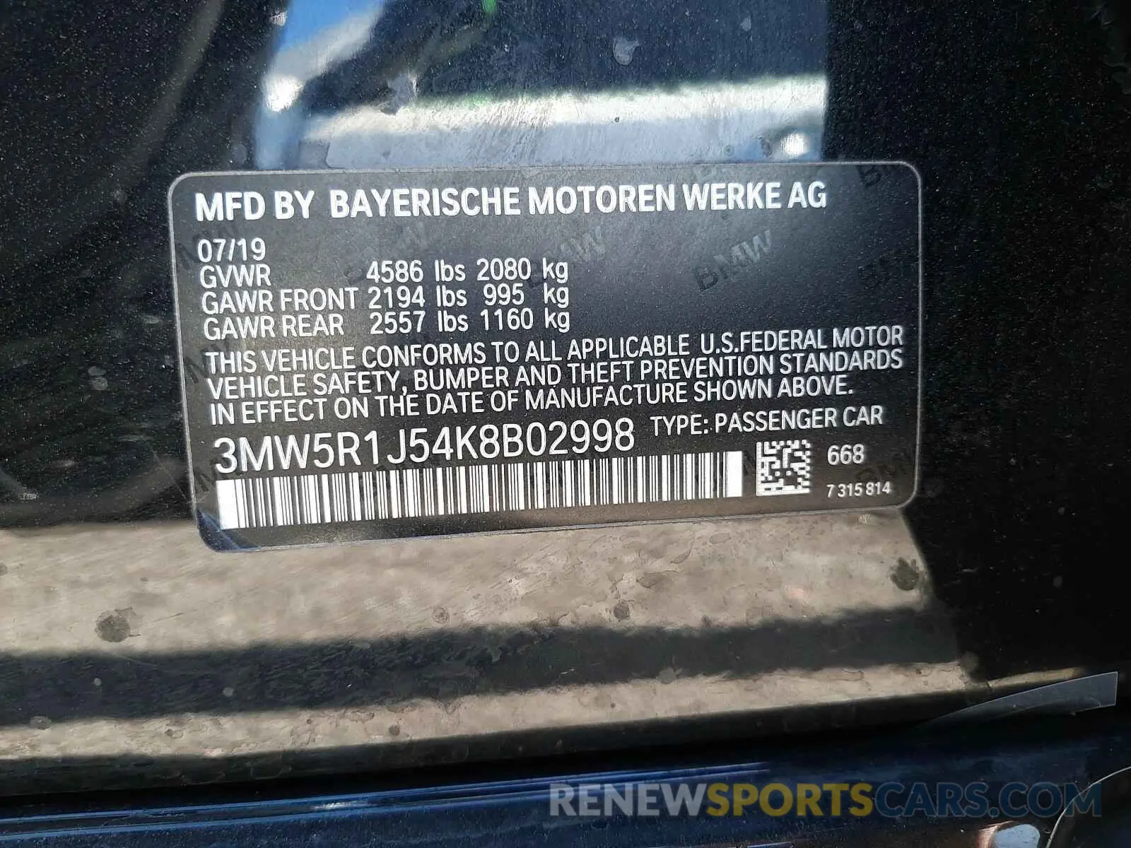 10 Photograph of a damaged car 3MW5R1J54K8B02998 BMW 3 SERIES 2019